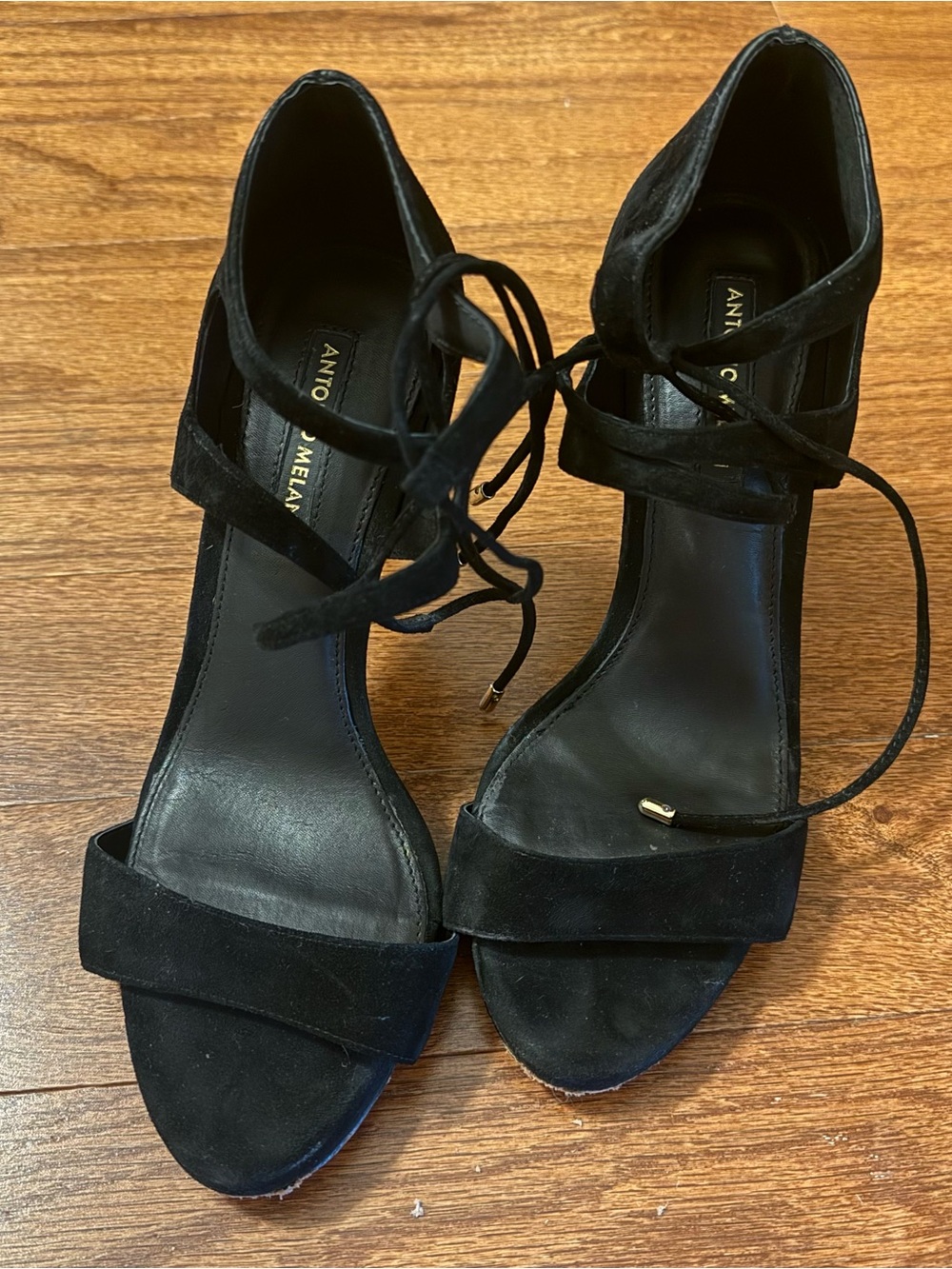 ANTONIO MELANI Black Suede Lace-Up Heeled Sandals